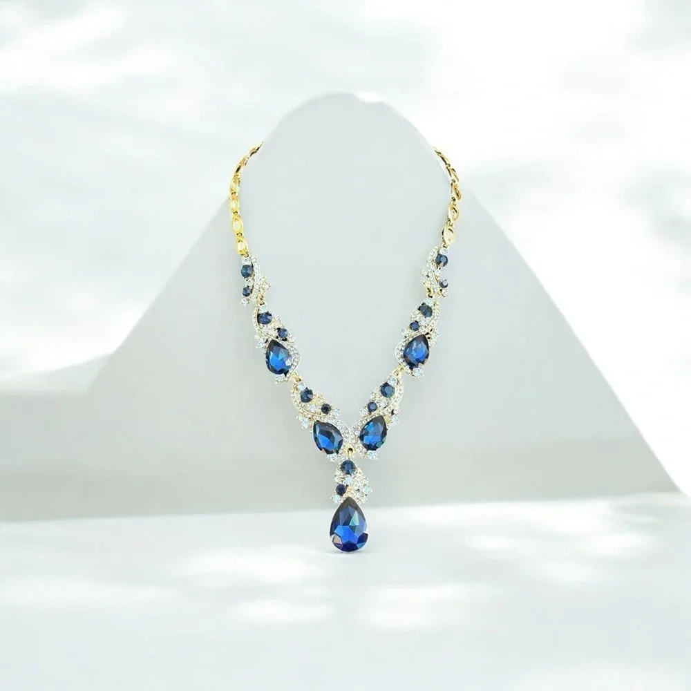 Stunning Gold-Tone & Navy Crystal Statement Necklace